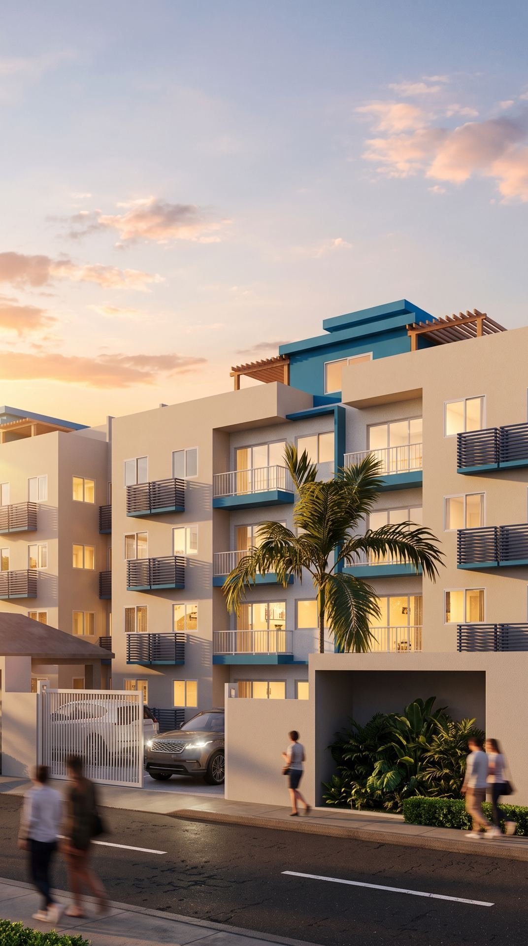 Render de la fachada de Residencial VISTA MART I al atardecer