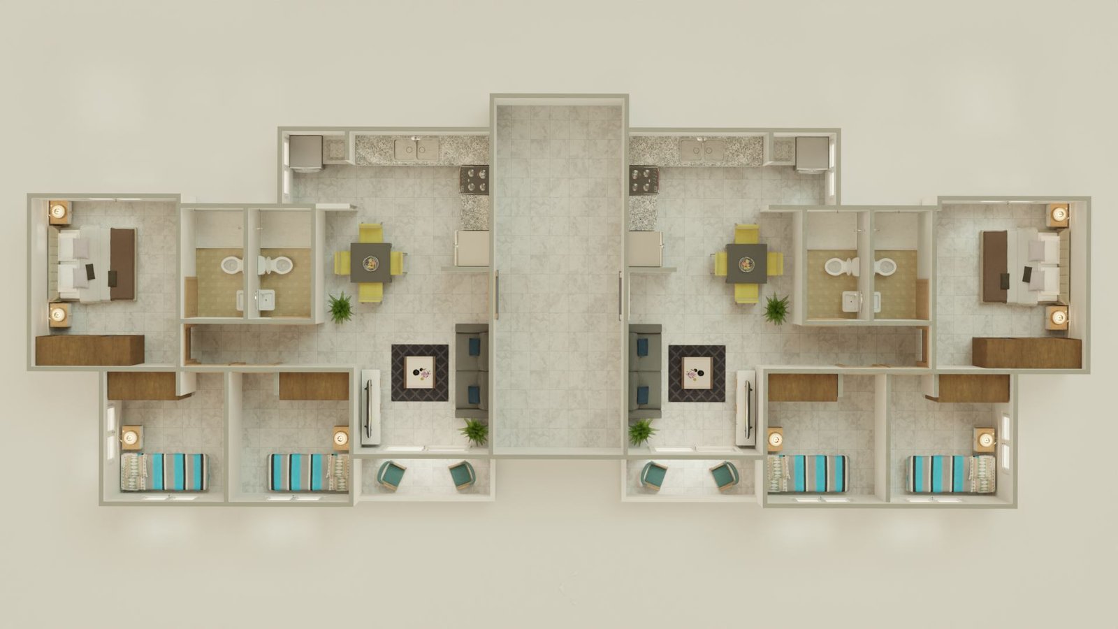 Render de planta amueblada del apartamento Mart A, 64 metros cuadrados